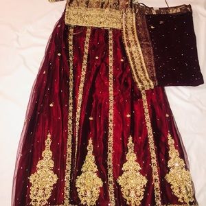 Indian skirt (lengha) and top (choli) with scarf.
